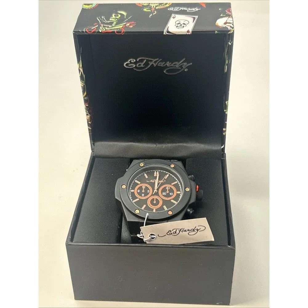 NIB Ed Hardy Men's Black Chronograph Watch W/ Rose Gold Details ($95 Retail)